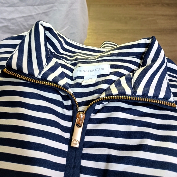 Charter Club, women's size PM Striped Zip-up at neck, long sleeve shirt. - Picture 3 of 5